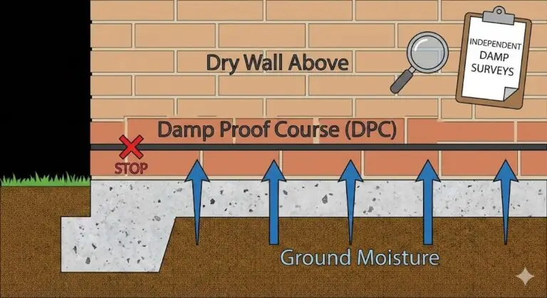 Diagram showing how a damp proof course stops moisture, helpful for independent damp surveys."